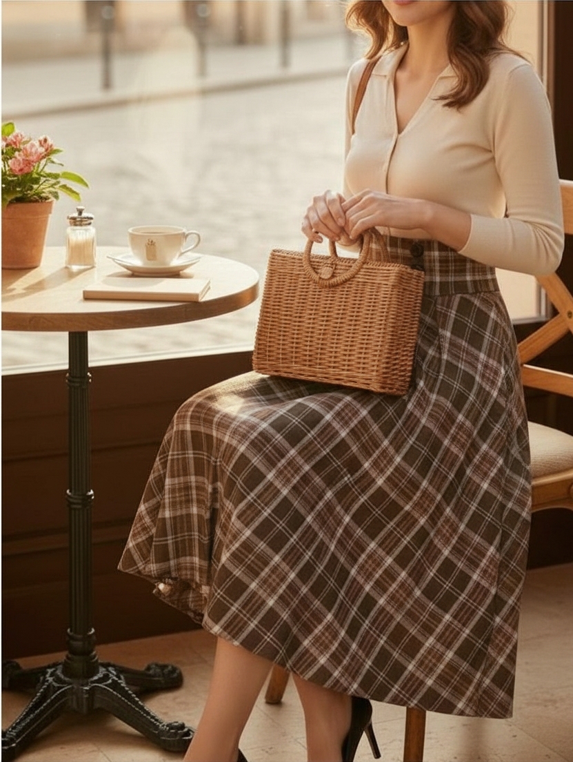 Handmade Plaid Midi Skirt: High Waisted Button Waist Cottagecore Skirt