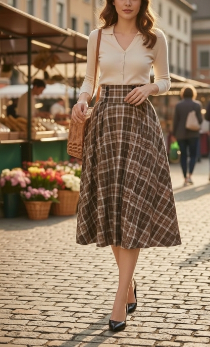 Handmade Plaid Midi Skirt: High Waisted Button Waist Cottagecore Skirt