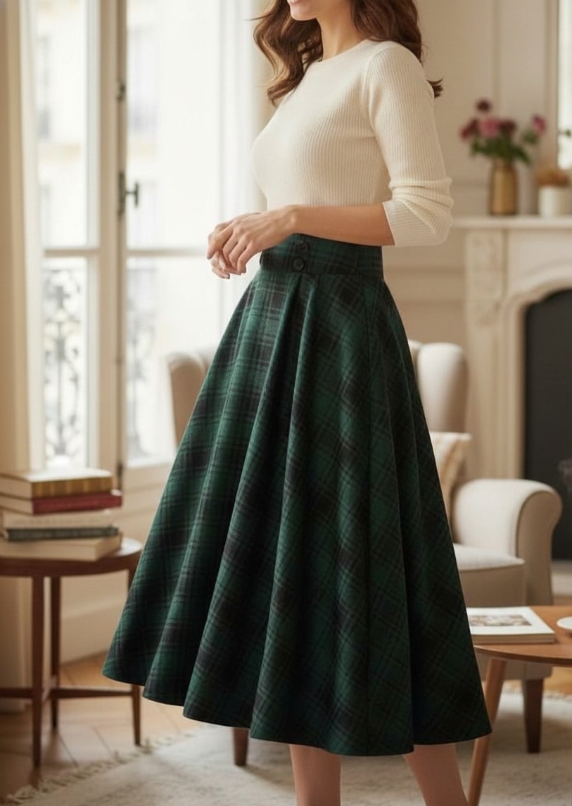 Handmade Plaid Midi Skirt: High Waisted Button Waist Cottagecore Skirt