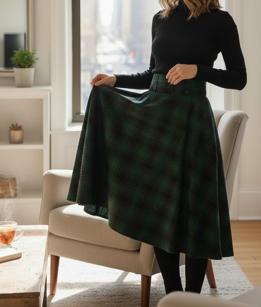 Handmade Plaid Midi Skirt: High Waisted Button Waist Cottagecore Skirt