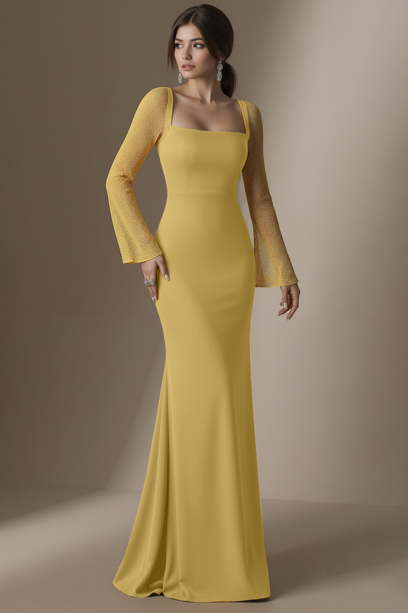 Formal Evening Velvet Dress Black Square Neck Mesh Sleeve Maxi Dress