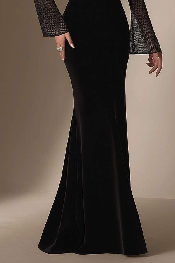 Formal Evening Velvet Dress Black Square Neck Mesh Sleeve Maxi Dress