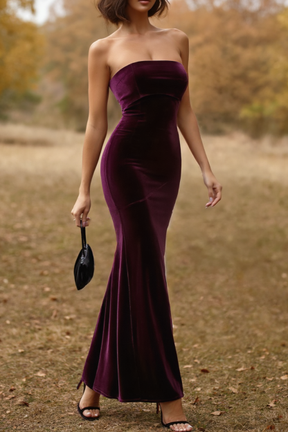 Cocktail Party Velvet Dress Dark Purple Strapless Mermaid Maxi Dress