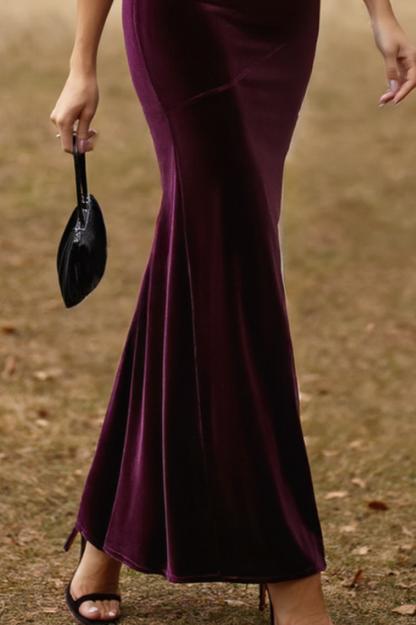 Cocktail Party Velvet Dress Dark Purple Strapless Mermaid Maxi Dress
