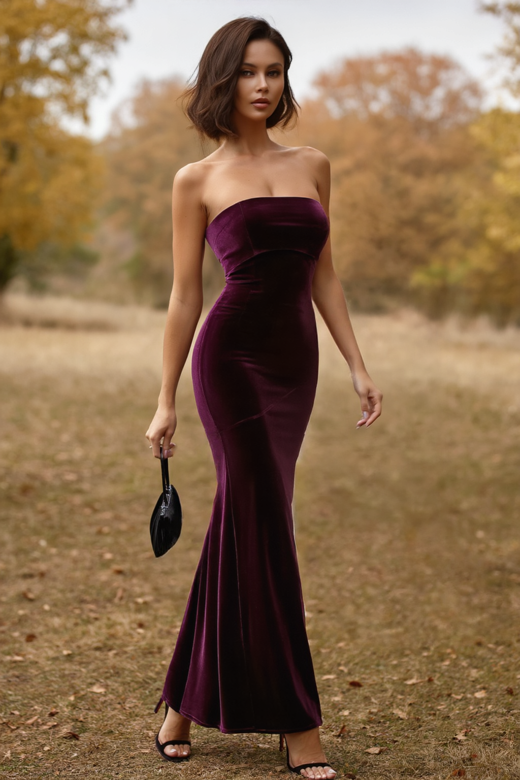 Cocktail Party Velvet Dress Dark Purple Strapless Mermaid Maxi Dress
