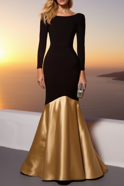 Formal ​Evening Dress Black Crew Neck Long Sleeve Maxi Mermaid Dress