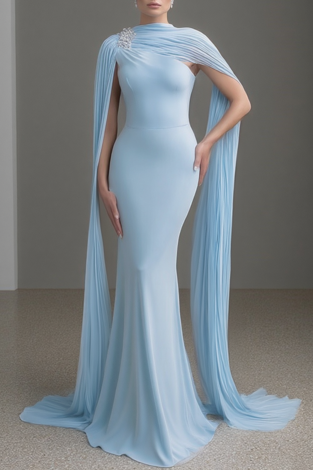 Formal ​Evening Dress Blue Cape Maxi Mermaid Dress