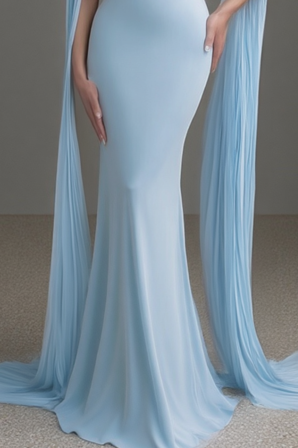 Formal ​Evening Dress Blue Cape Maxi Mermaid Dress