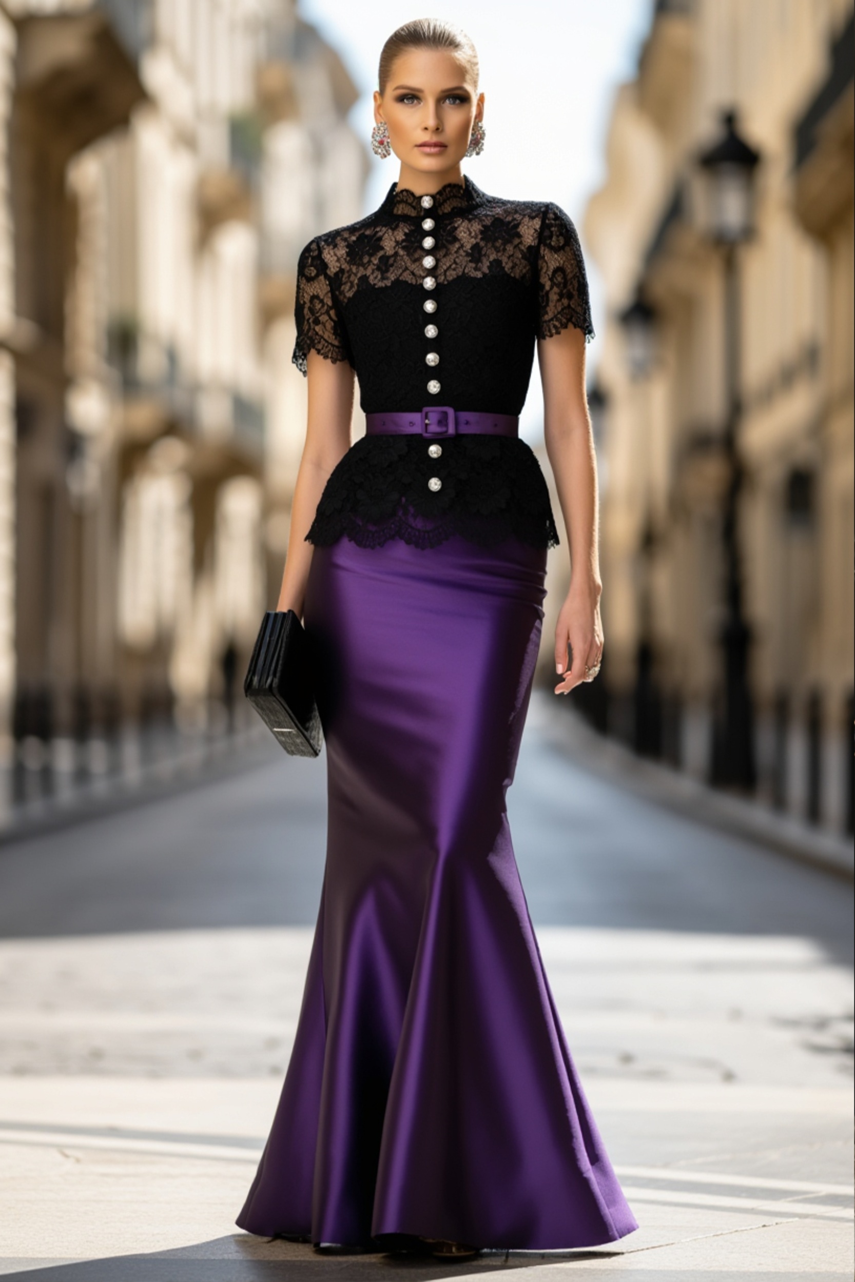 Evening Set Black Lace Belted Top with Purple Mermaid Maxi Skirt