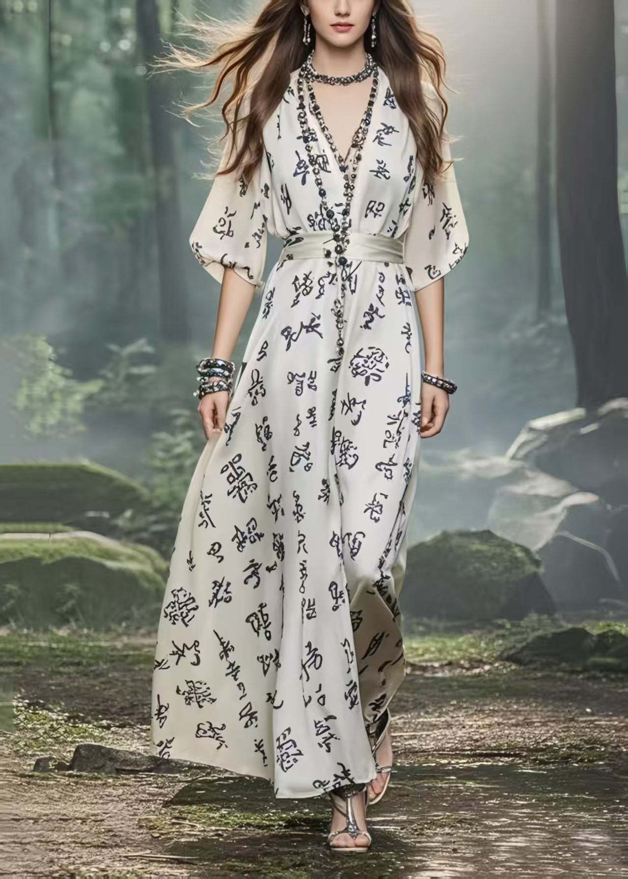 Modern White Cinched Print Chiffon Long Dress Summer