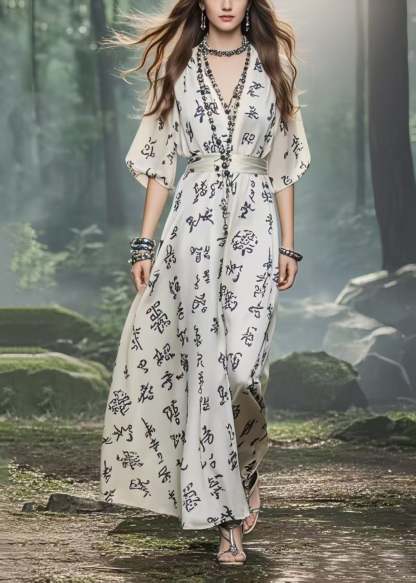 Modern White Cinched Print Chiffon Long Dress Summer