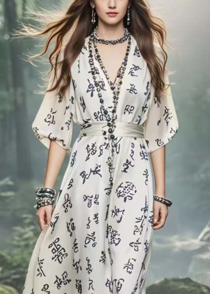 Modern White Cinched Print Chiffon Long Dress Summer