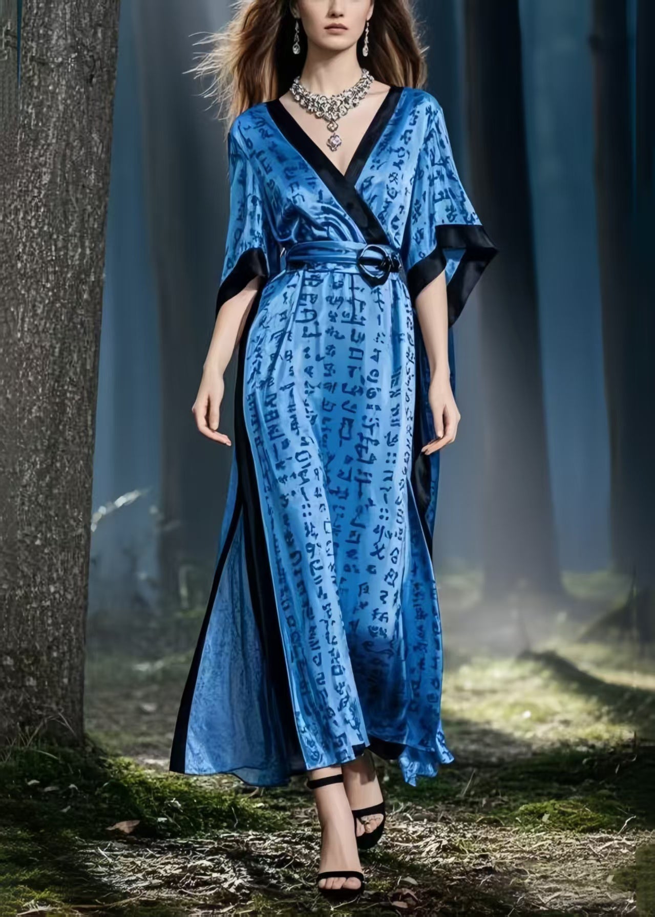 Navy Print Silk Vacation Dresses Cinched Side Open Summer