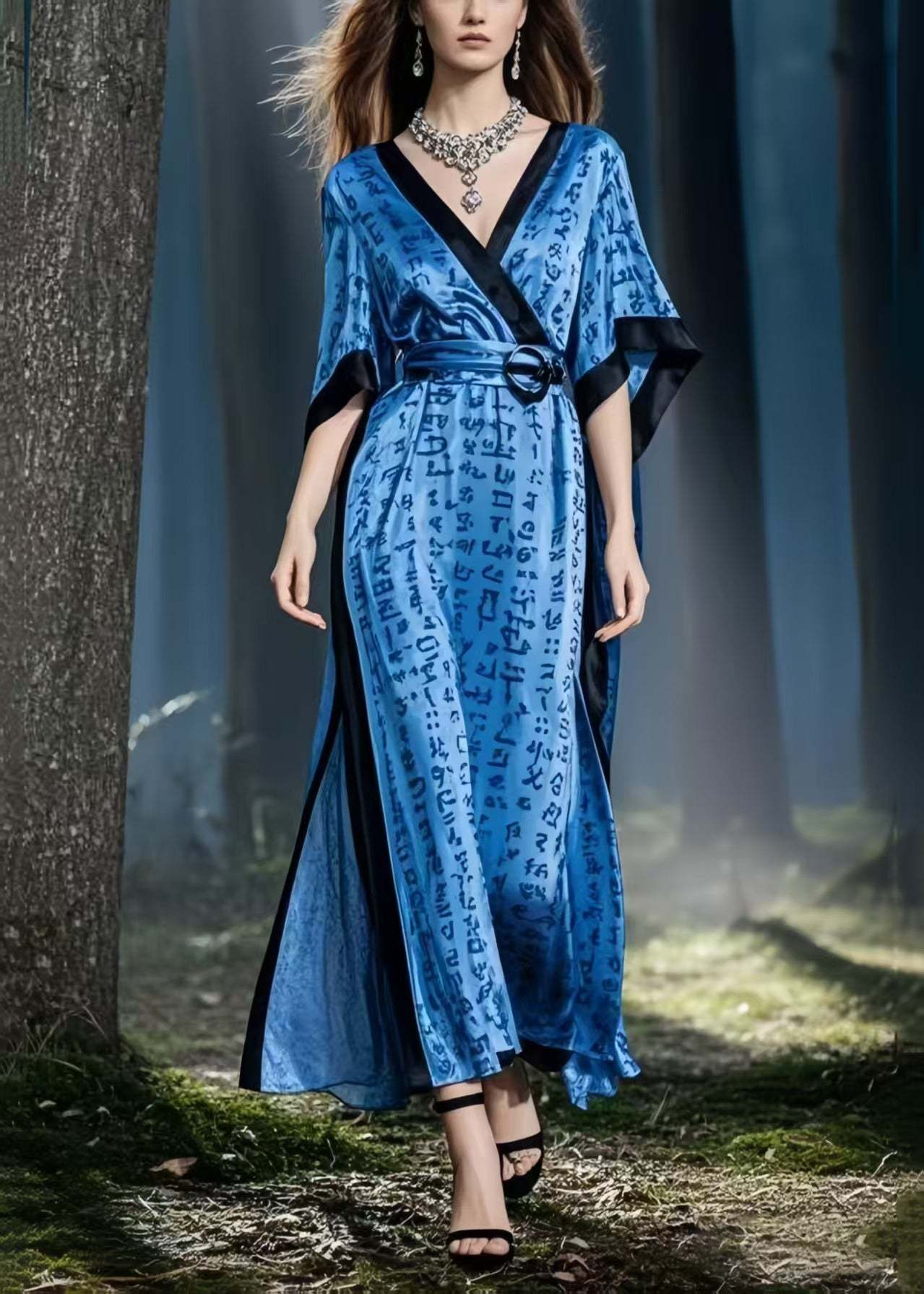 Navy Print Silk Vacation Dresses Cinched Side Open Summer