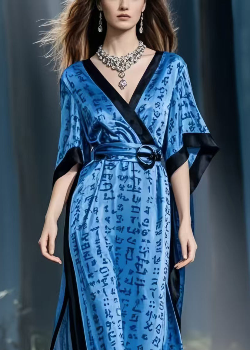 Navy Print Silk Vacation Dresses Cinched Side Open Summer