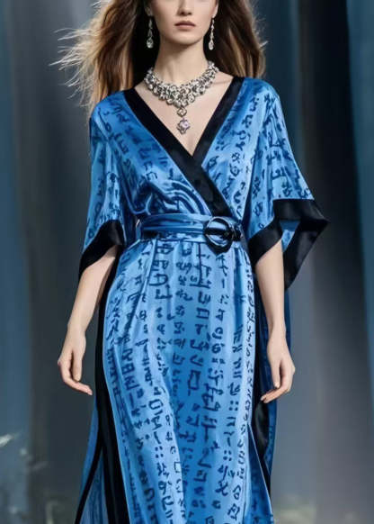 Navy Print Silk Vacation Dresses Cinched Side Open Summer