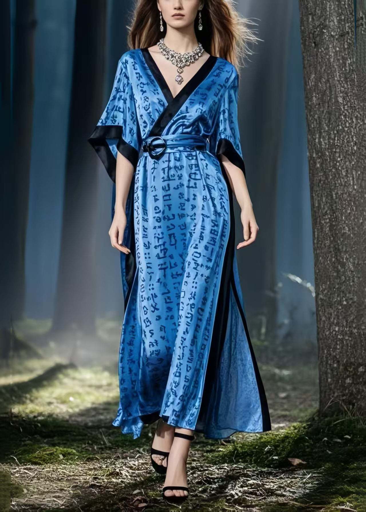 Navy Print Silk Vacation Dresses Cinched Side Open Summer