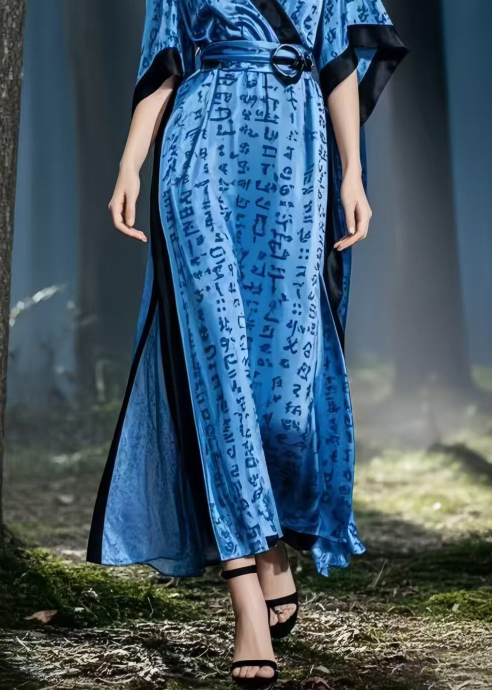 Navy Print Silk Vacation Dresses Cinched Side Open Summer