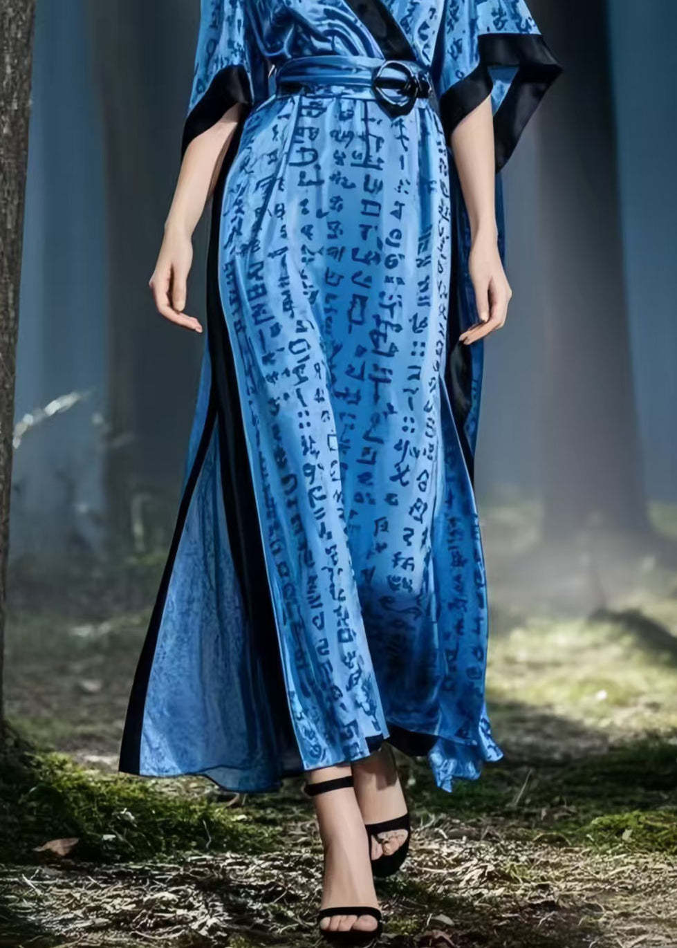 Navy Print Silk Vacation Dresses Cinched Side Open Summer