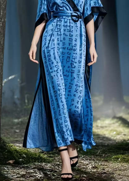 Navy Print Silk Vacation Dresses Cinched Side Open Summer