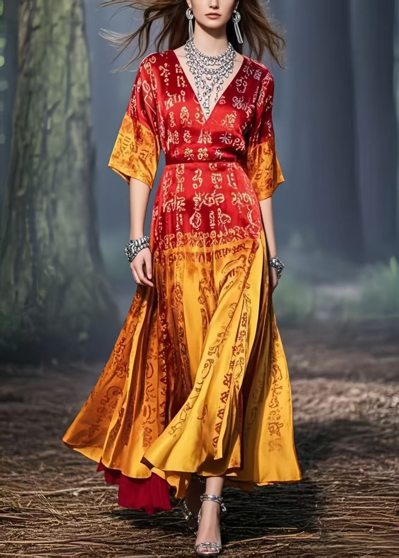 New Retro Gradient Color Print Silk Pleated Dress Summer