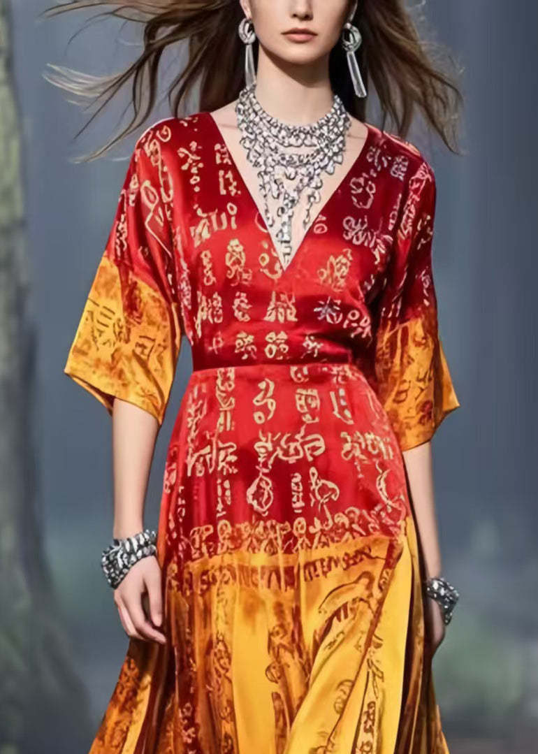 New Retro Gradient Color Print Silk Pleated Dress Summer