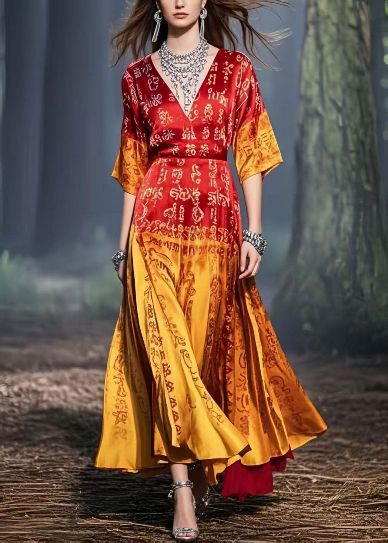 New Retro Gradient Color Print Silk Pleated Dress Summer