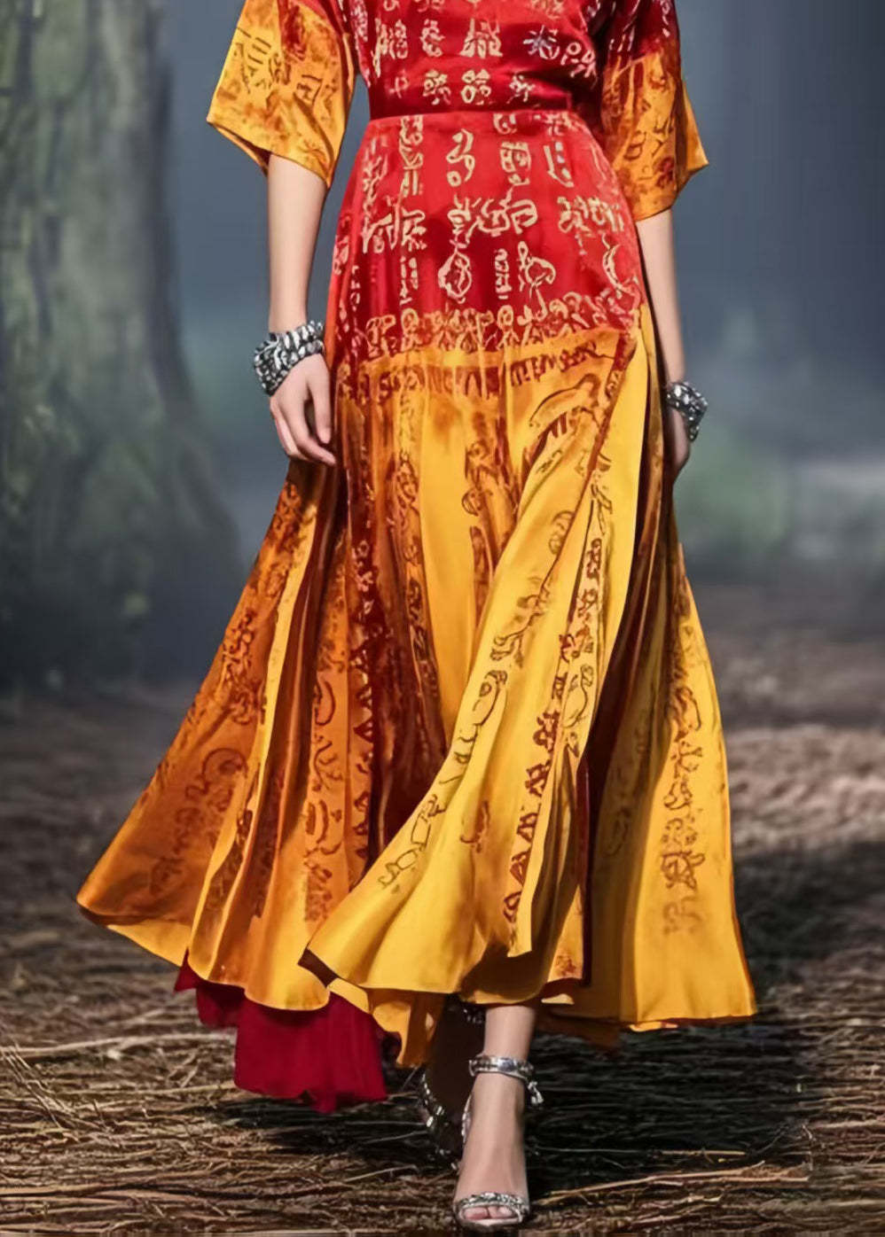 New Retro Gradient Color Print Silk Pleated Dress Summer