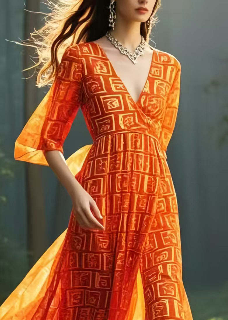 Orange Print Chiffon Robe Dresses V Neck Summer
