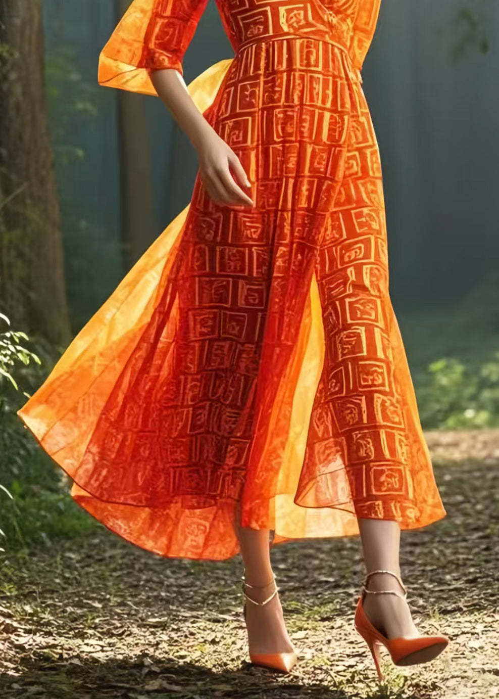 Orange Print Chiffon Robe Dresses V Neck Summer