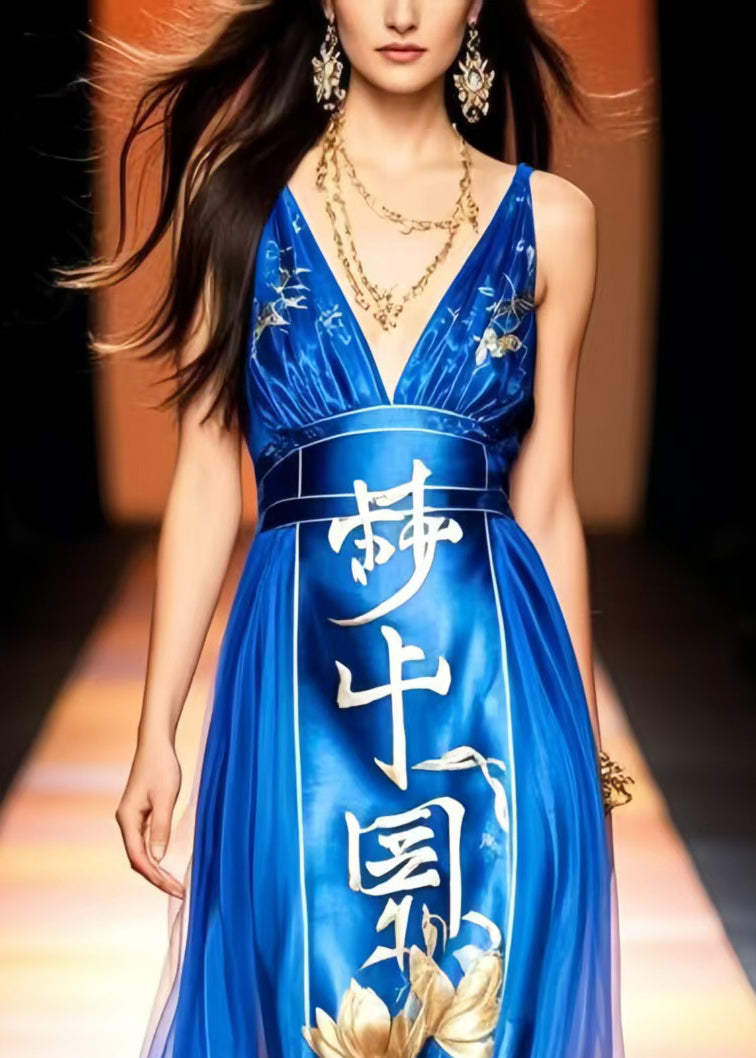 Original Design Blue Print Chiffon Vestidos Dress Summer