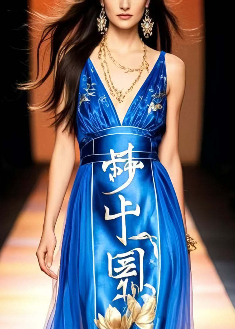 Original Design Blue Print Chiffon Vestidos Dress Summer