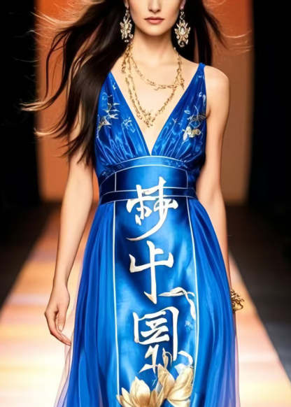 Original Design Blue Print Chiffon Vestidos Dress Summer