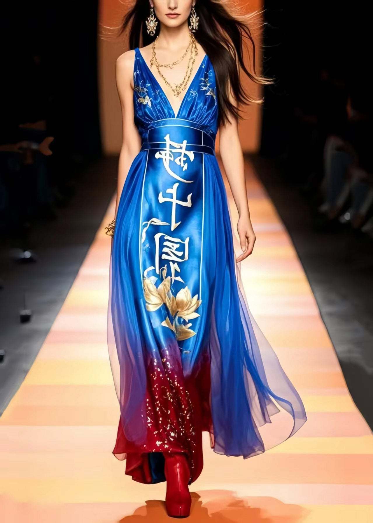 Original Design Blue Print Chiffon Vestidos Dress Summer