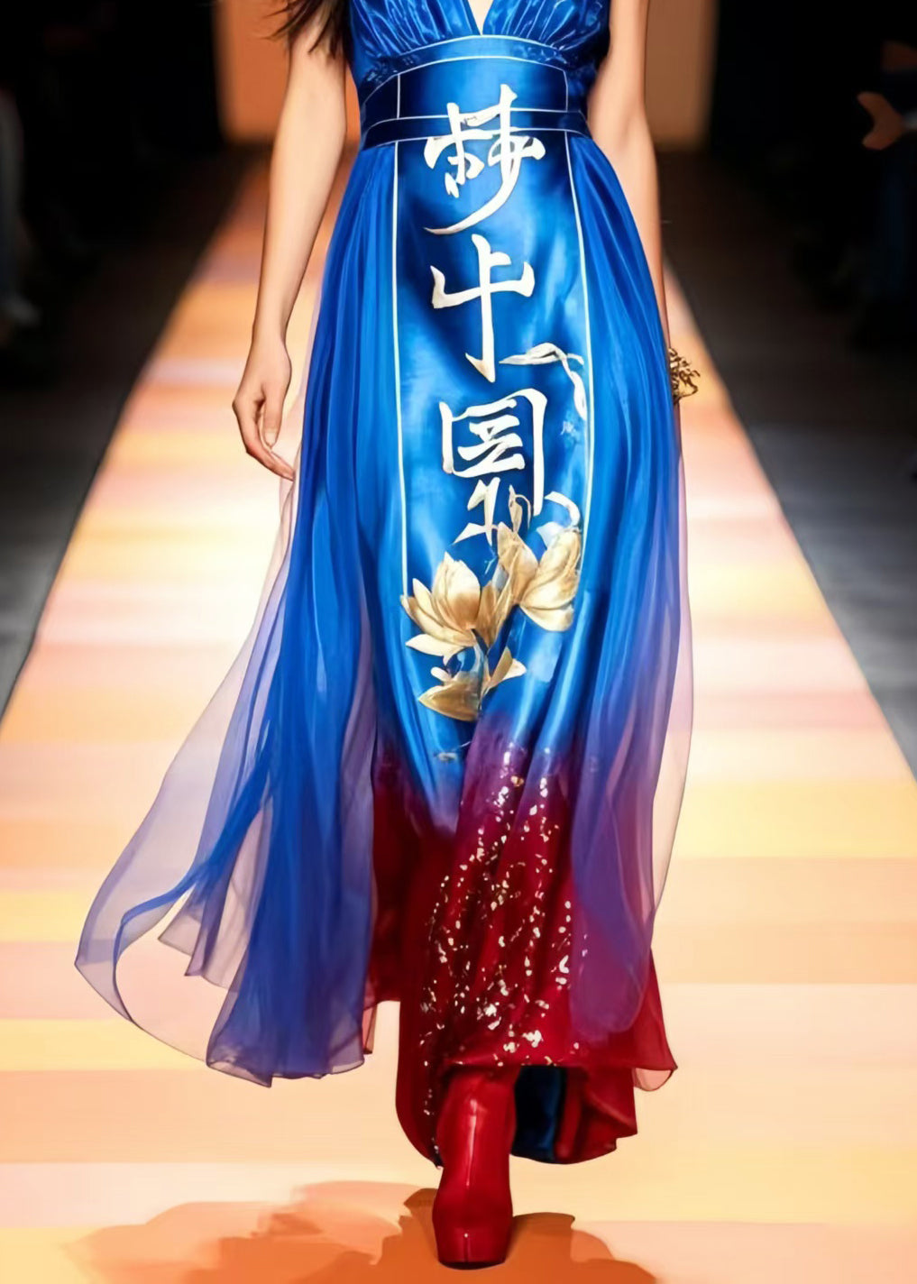 Original Design Blue Print Chiffon Vestidos Dress Summer