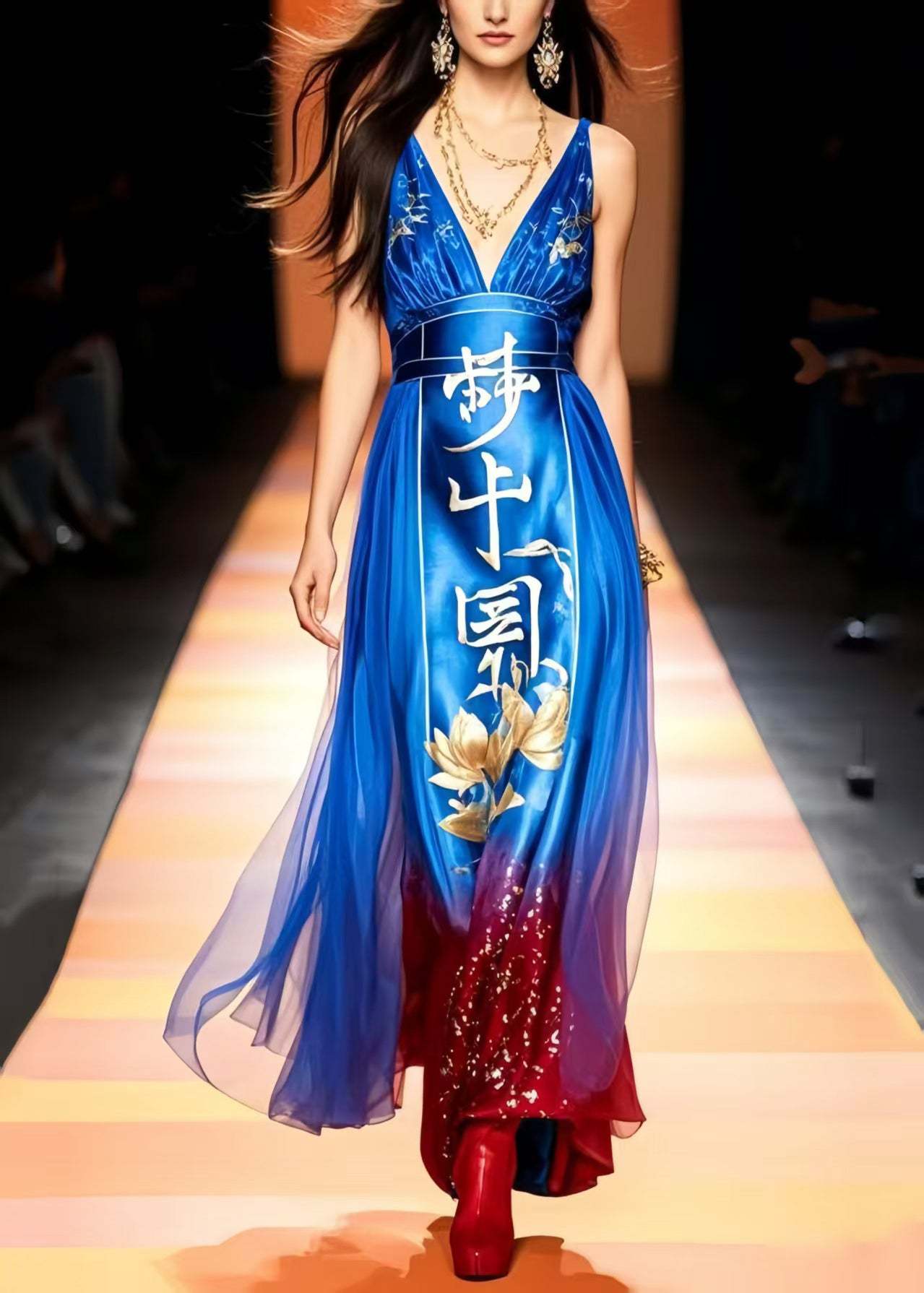 Original Design Blue Print Chiffon Vestidos Dress Summer