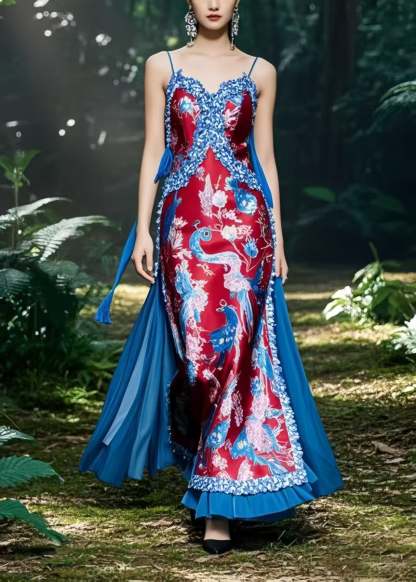 Original Design Red Patchwork Print Silk Vestidos Dress Summer