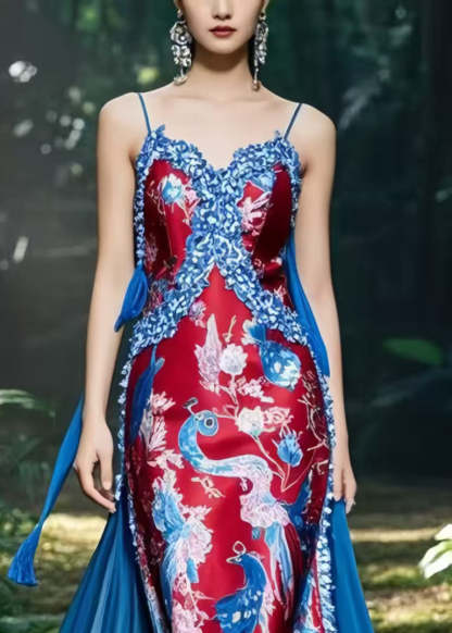 Original Design Red Patchwork Print Silk Vestidos Dress Summer