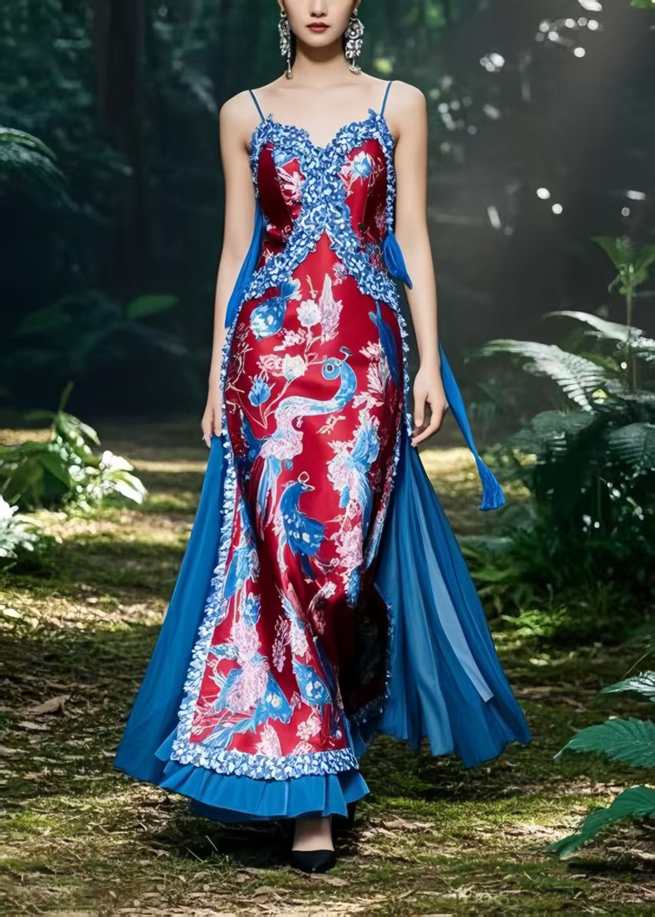 Original Design Red Patchwork Print Silk Vestidos Dress Summer