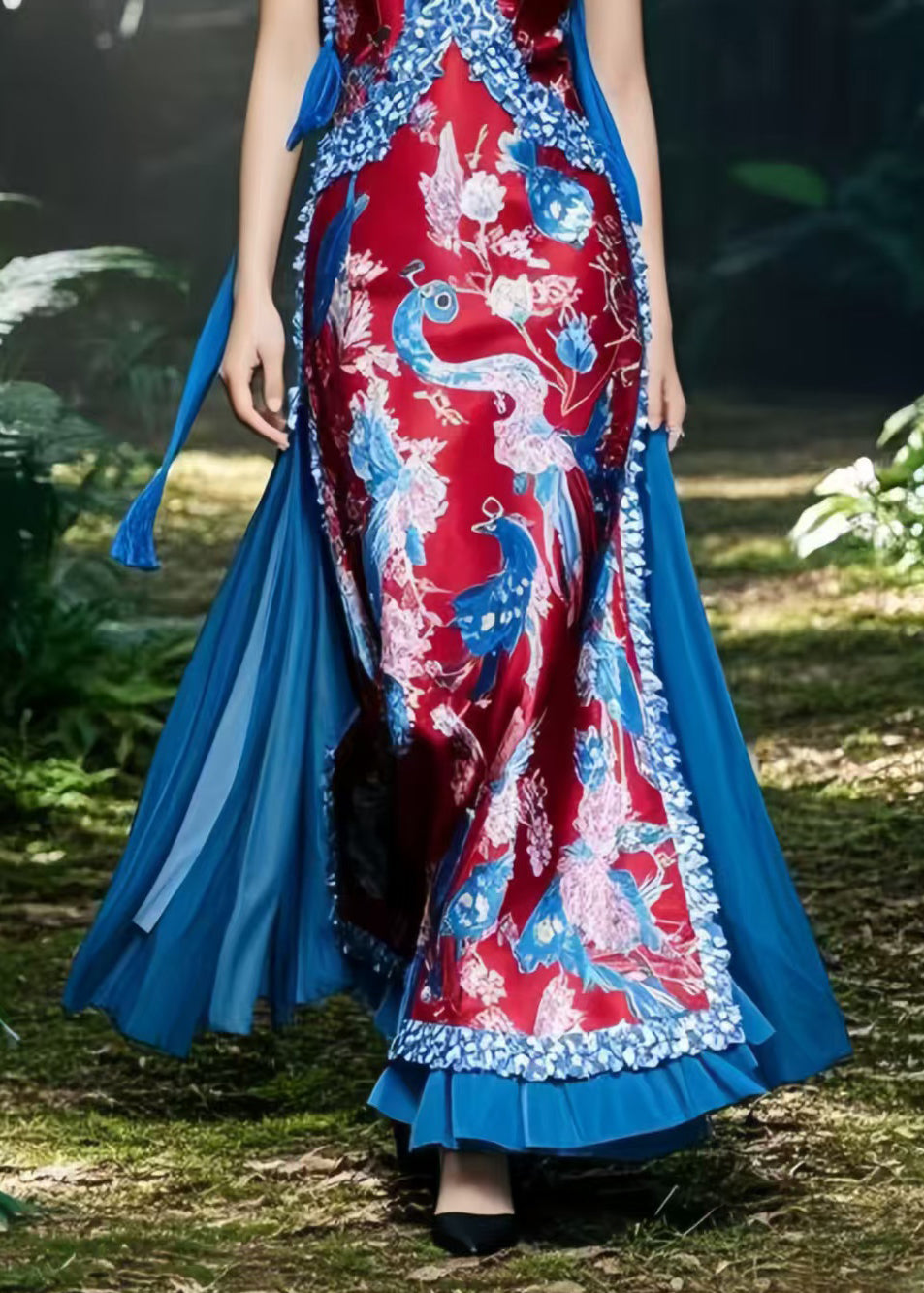 Original Design Red Patchwork Print Silk Vestidos Dress Summer