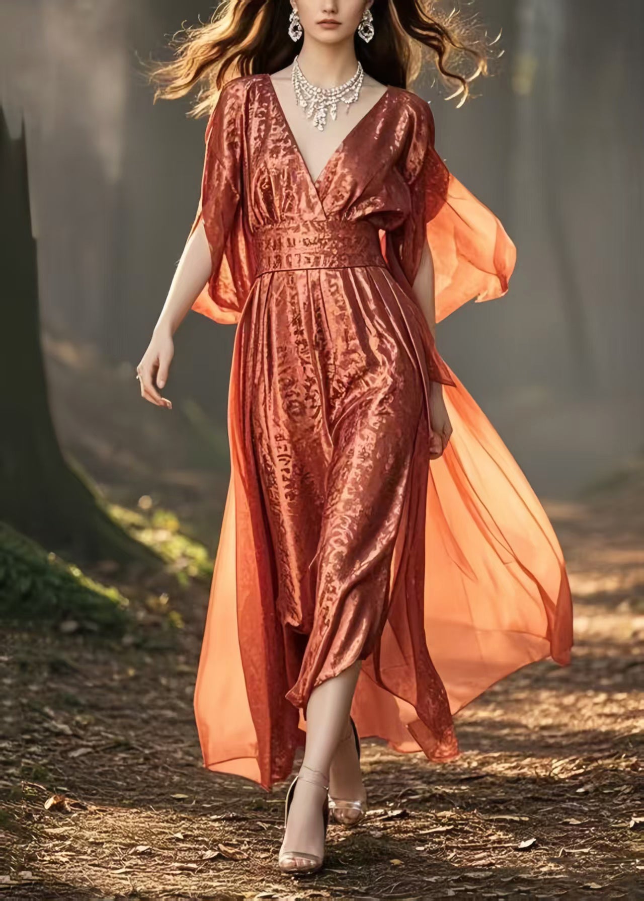 Plus Size Brick Red Cinched Jacquard Silk Long Dresses Summer
