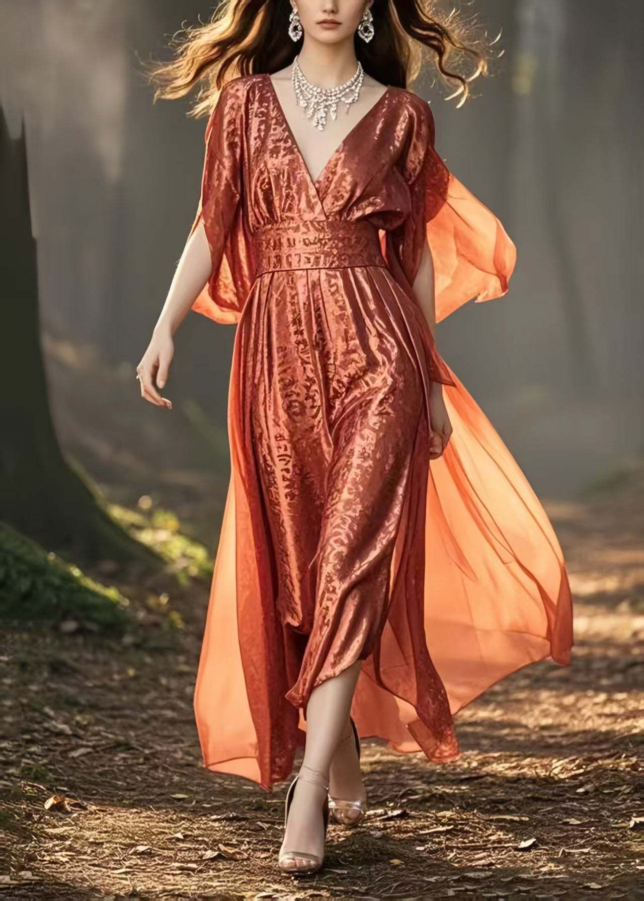 Plus Size Brick Red Cinched Jacquard Silk Long Dresses Summer
