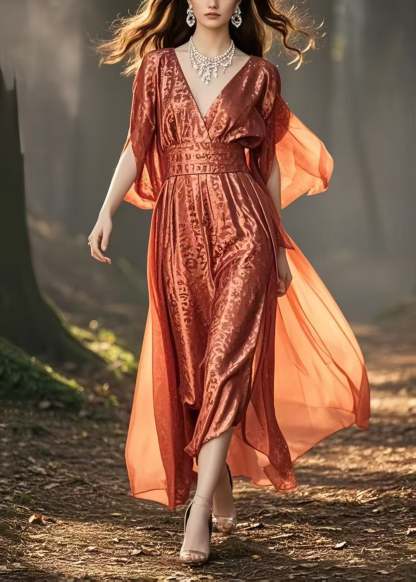 Plus Size Brick Red Cinched Jacquard Silk Long Dresses Summer