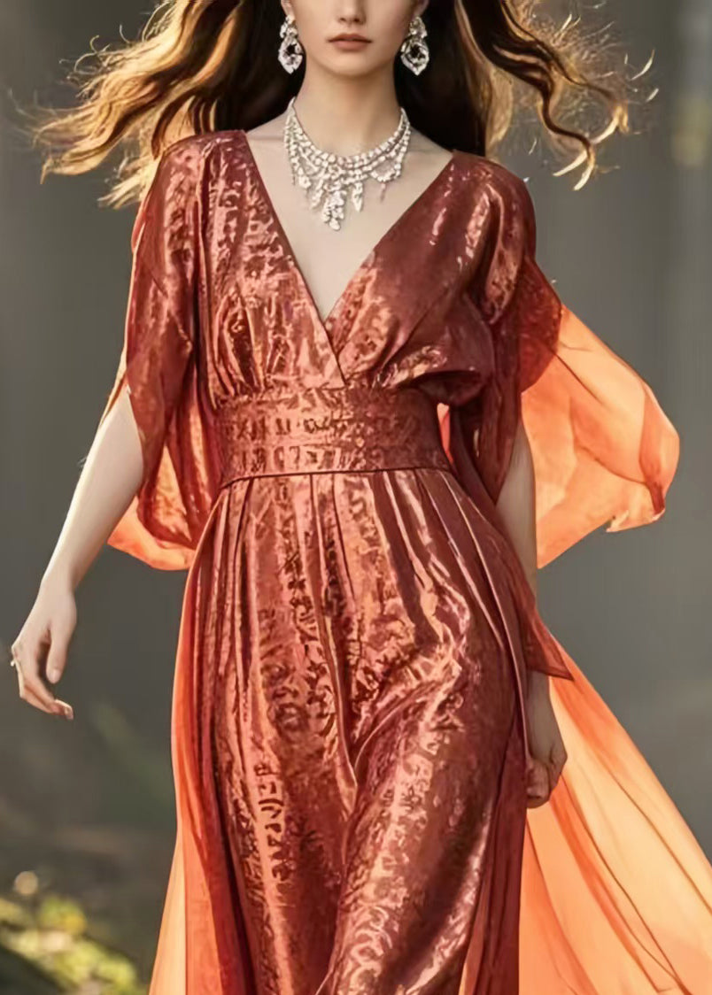 Plus Size Brick Red Cinched Jacquard Silk Long Dresses Summer