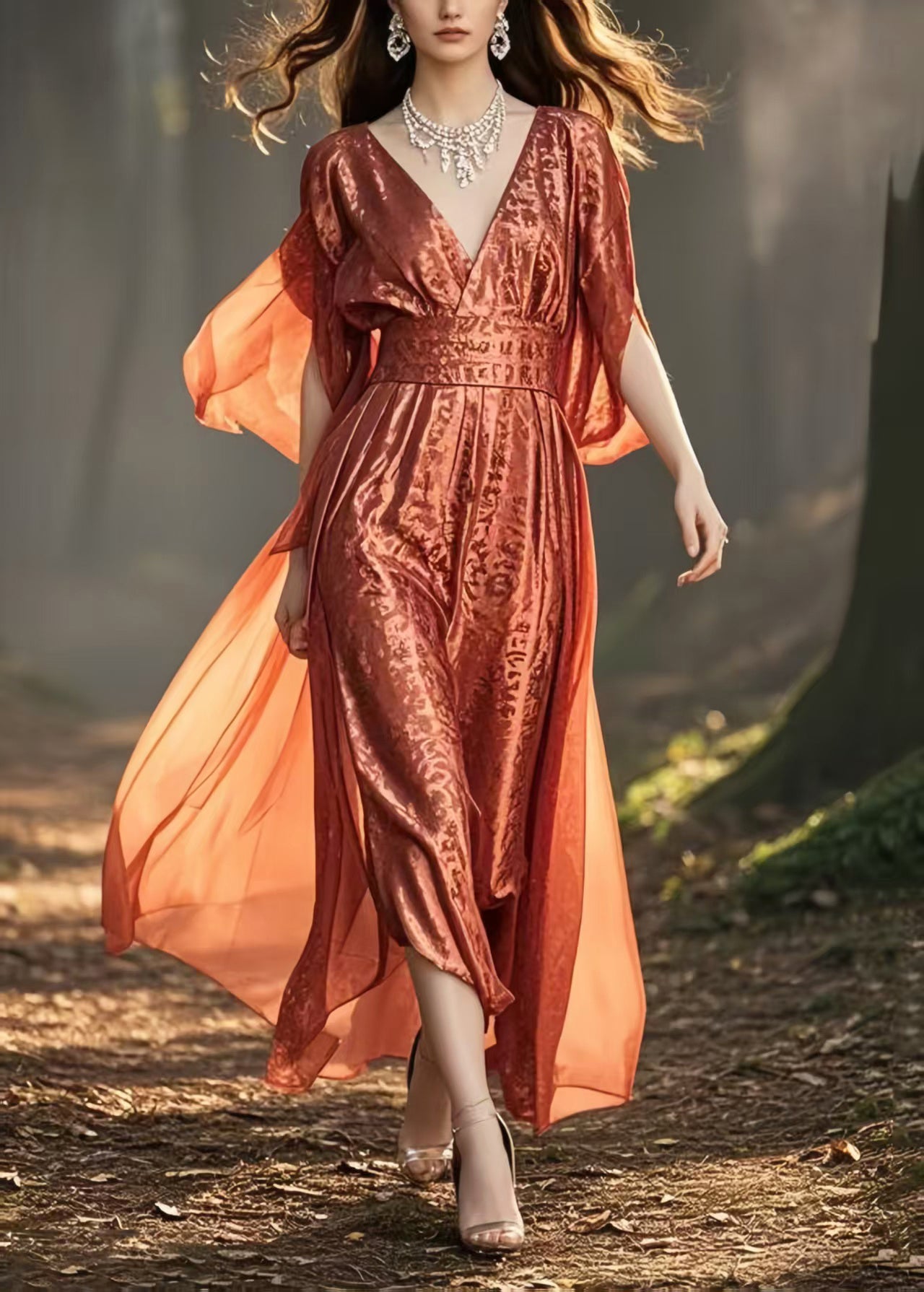 Plus Size Brick Red Cinched Jacquard Silk Long Dresses Summer