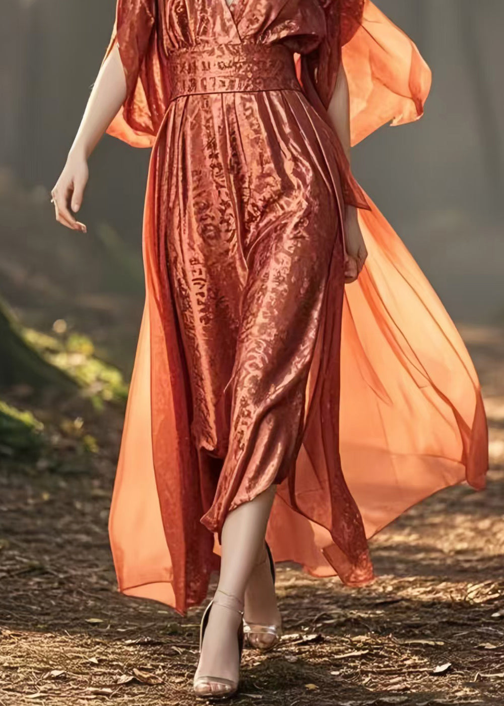 Plus Size Brick Red Cinched Jacquard Silk Long Dresses Summer