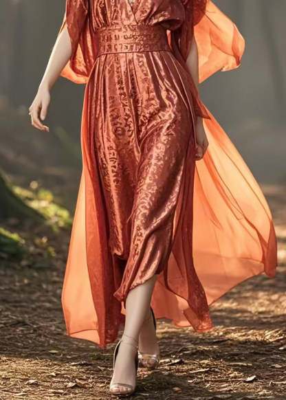 Plus Size Brick Red Cinched Jacquard Silk Long Dresses Summer