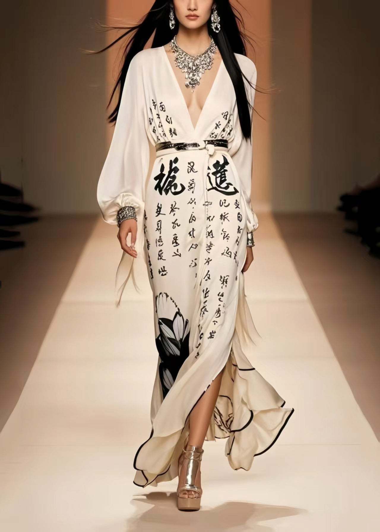 Simple White Print Side Open Draping Chiffon Holiday Dress Spring