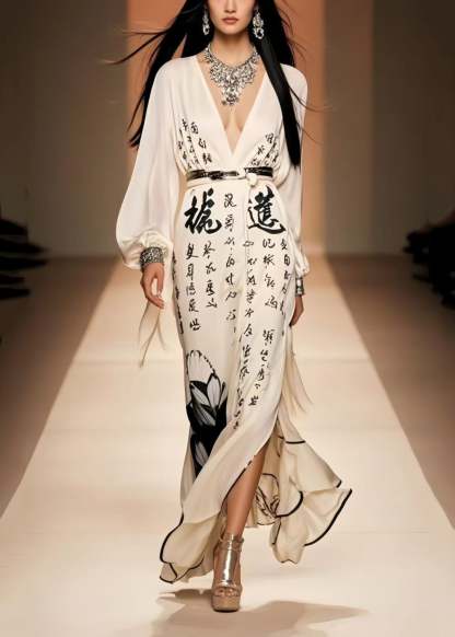 Simple White Print Side Open Draping Chiffon Holiday Dress Spring