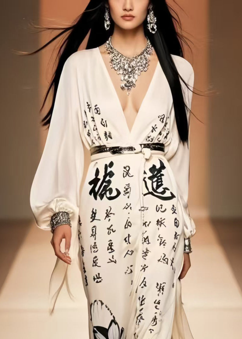 Simple White Print Side Open Draping Chiffon Holiday Dress Spring